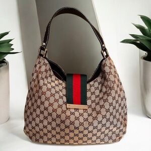 Gucci Large Monogram GG Web Dark Brown Hobo Shoulder Handbag